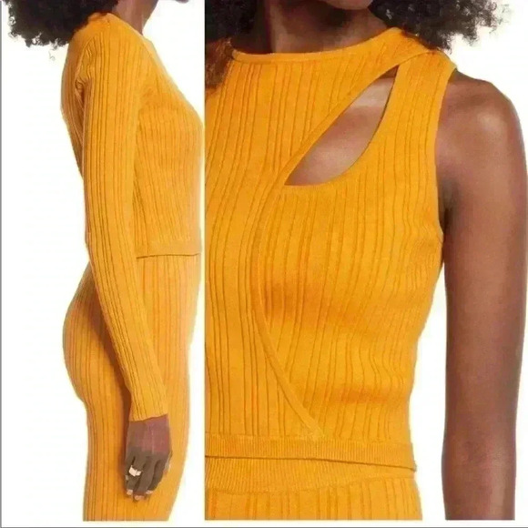 Open Edit Asymmetric Keyhole One Sleeve Sweater in Orange Inca Size X-Small NWT - Picture 3 of 10